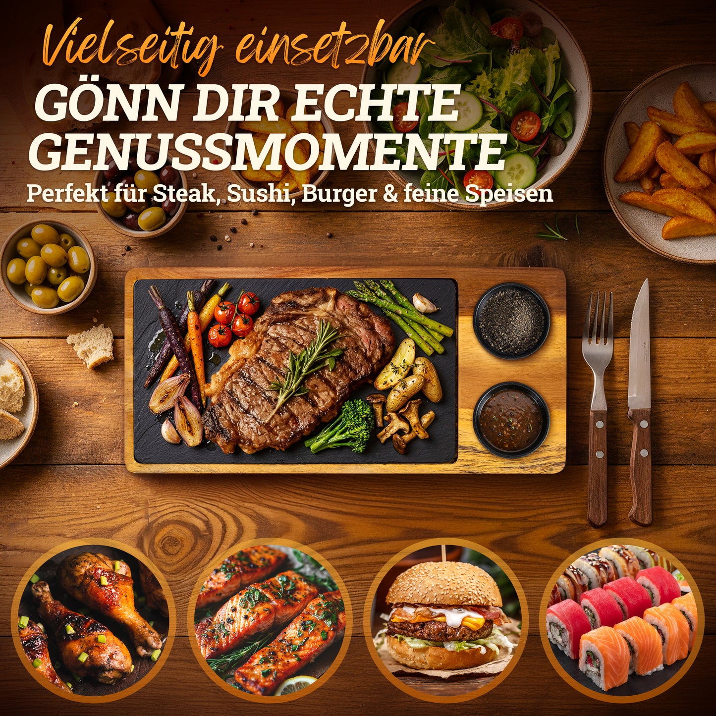 Servierbrett 'LUIS' 2er Set aus FSC® Akazien-Holz mit Schieferplatte & Saucen Schüsseln