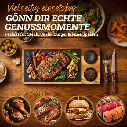Servierbrett 'LUIS' 2er Set aus FSC® Akazien-Holz mit Schieferplatte & Saucen Schüsseln