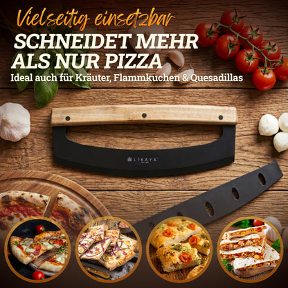 LIKAYA Pizza-Wiegemesser mit Akazienholzgriff & Klingenschutz – Pizzaschneider für perfekte Schnitte – scharfe Edelstahlklinge in Schwarz (erhältlich ab Ende Mai)