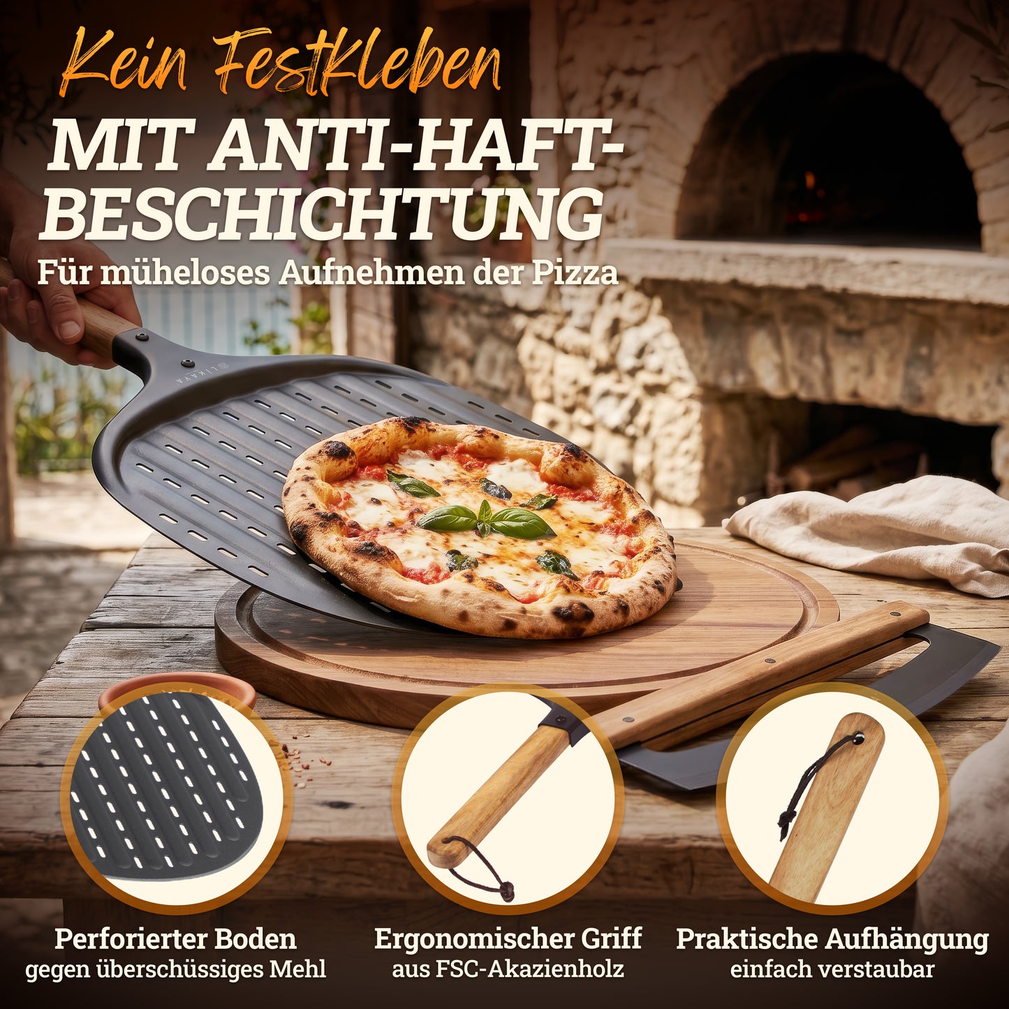 LIKAYA Pizzaiolo Set – Pizzaschaufel, Pizza-Wiegemesser & Pizzabrett aus Akazienholz – Pizza Zubehör Set für Pizzaofen, Grill & Backofen (erhältlich ab Ende Mai)