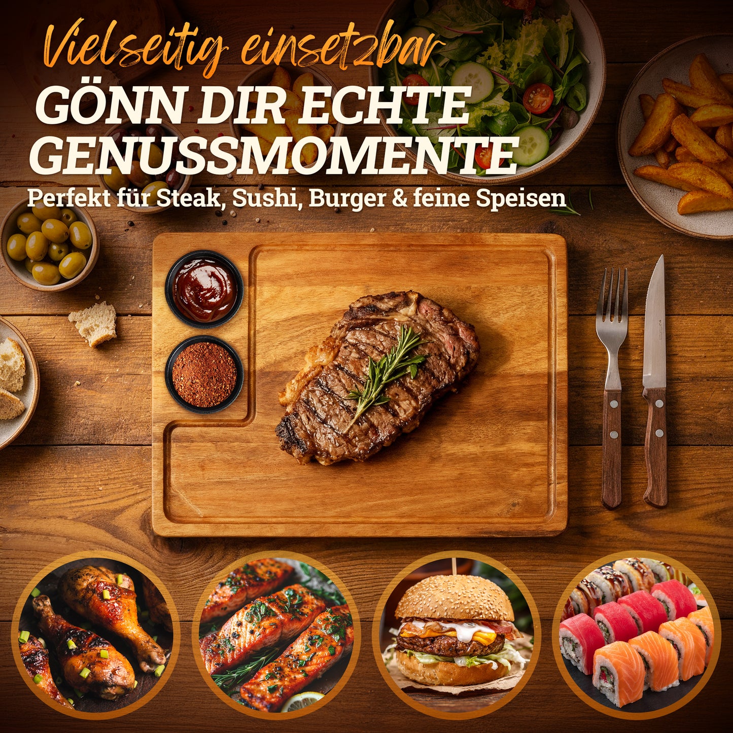 Servierbrett XXL 'Santiago' 2er Set aus FSC® zertifiziertem Akazien-Holz mit Saucen Schüsseln