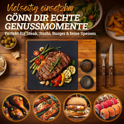 Servierbrett XXL ‘Domingo' 2er Set aus FSC® Akazien-Holz mit Schieferplatte & Saucen Schüsseln