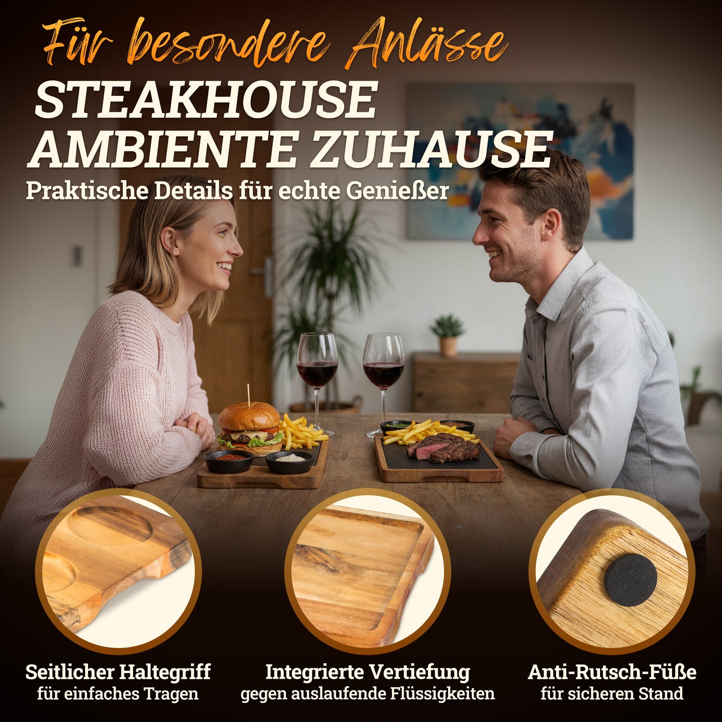 Servierbrett 'LUIS' 2er Set aus FSC® Akazien-Holz mit Schieferplatte & Saucen Schüsseln