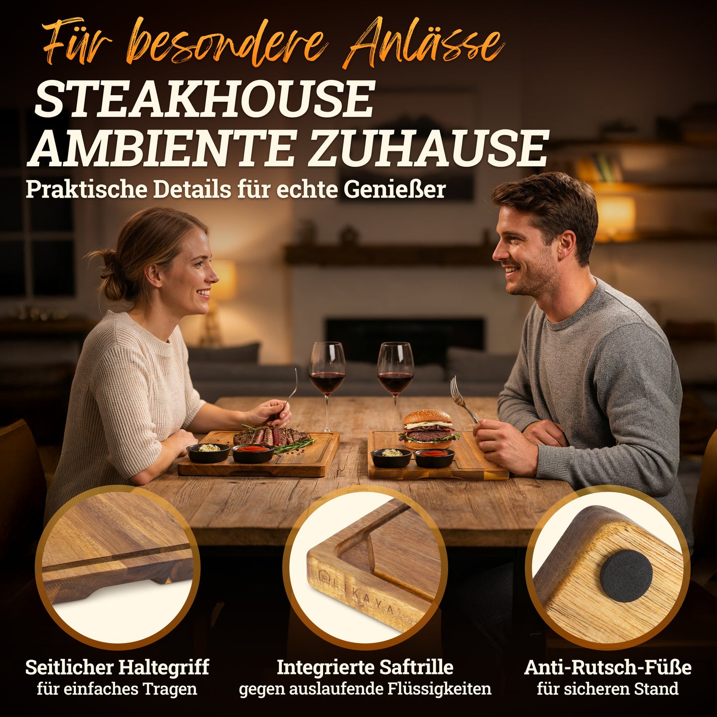 Servierbrett XXL 'Santiago' 2er Set aus FSC® zertifiziertem Akazien-Holz mit Saucen Schüsseln