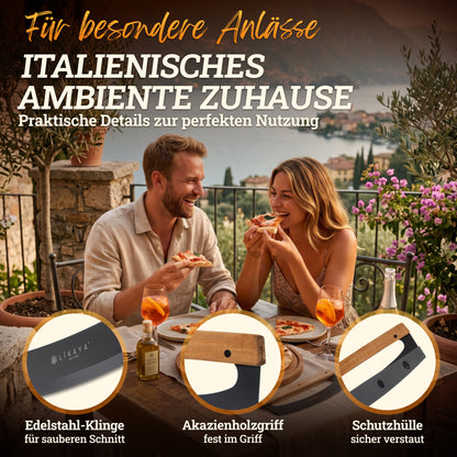 LIKAYA Pizza-Wiegemesser mit Akazienholzgriff & Klingenschutz – Pizzaschneider für perfekte Schnitte – scharfe Edelstahlklinge in Schwarz (erhältlich ab Ende Mai)