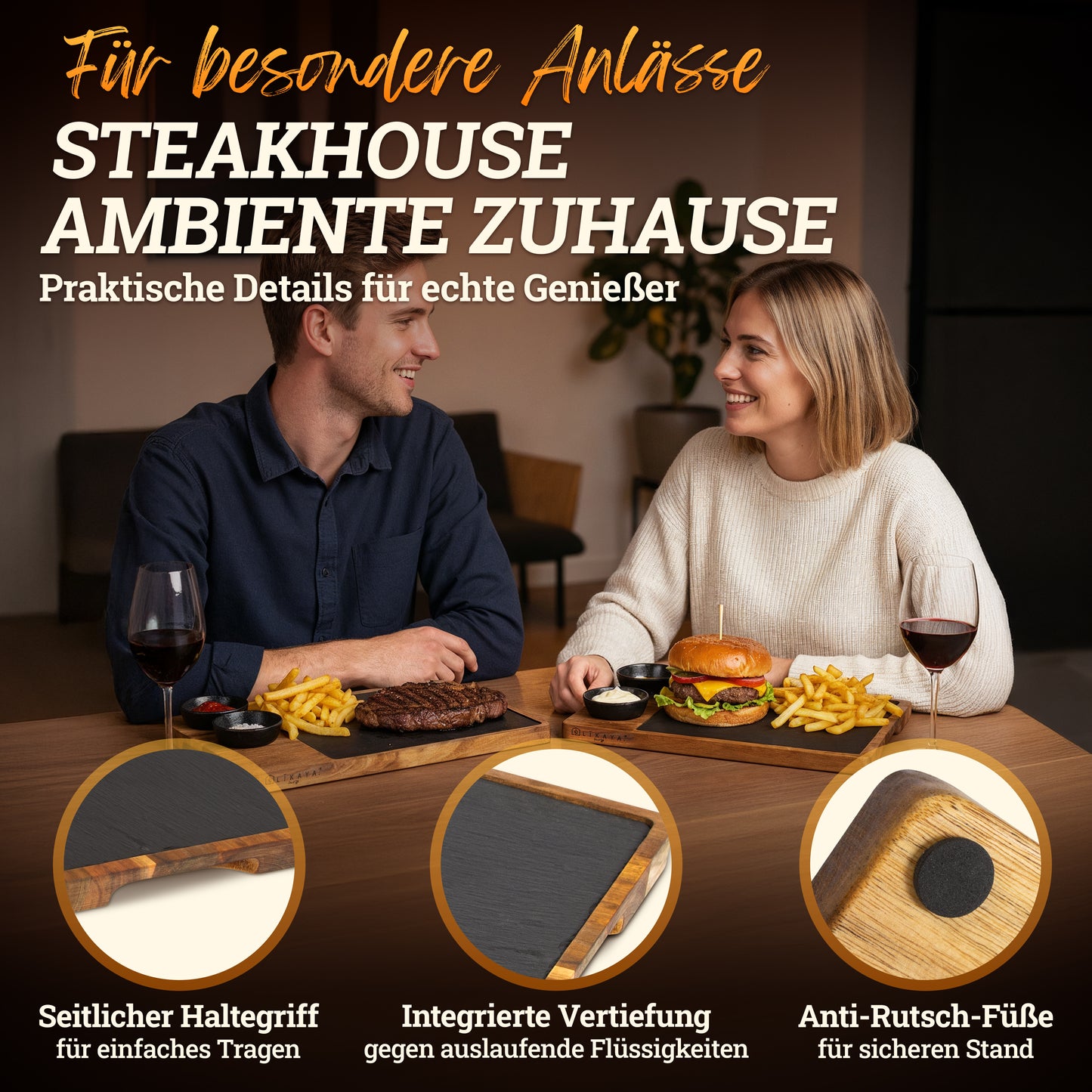 Servierbrett XXL ‘Domingo' 2er Set aus FSC® Akazien-Holz mit Schieferplatte & Saucen Schüsseln