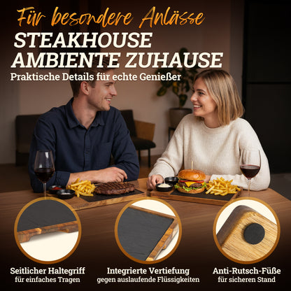 Servierbrett XXL ‘Domingo' 2er Set aus FSC® Akazien-Holz mit Schieferplatte & Saucen Schüsseln