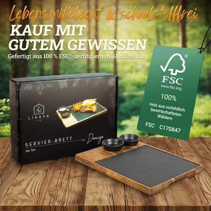 Servierbrett XXL ‘Domingo' 2er Set aus FSC® Akazien-Holz mit Schieferplatte & Saucen Schüsseln
