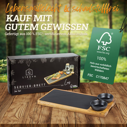 Servierbrett 'LUIS' 2er Set aus FSC® Akazien-Holz mit Schieferplatte & Saucen Schüsseln