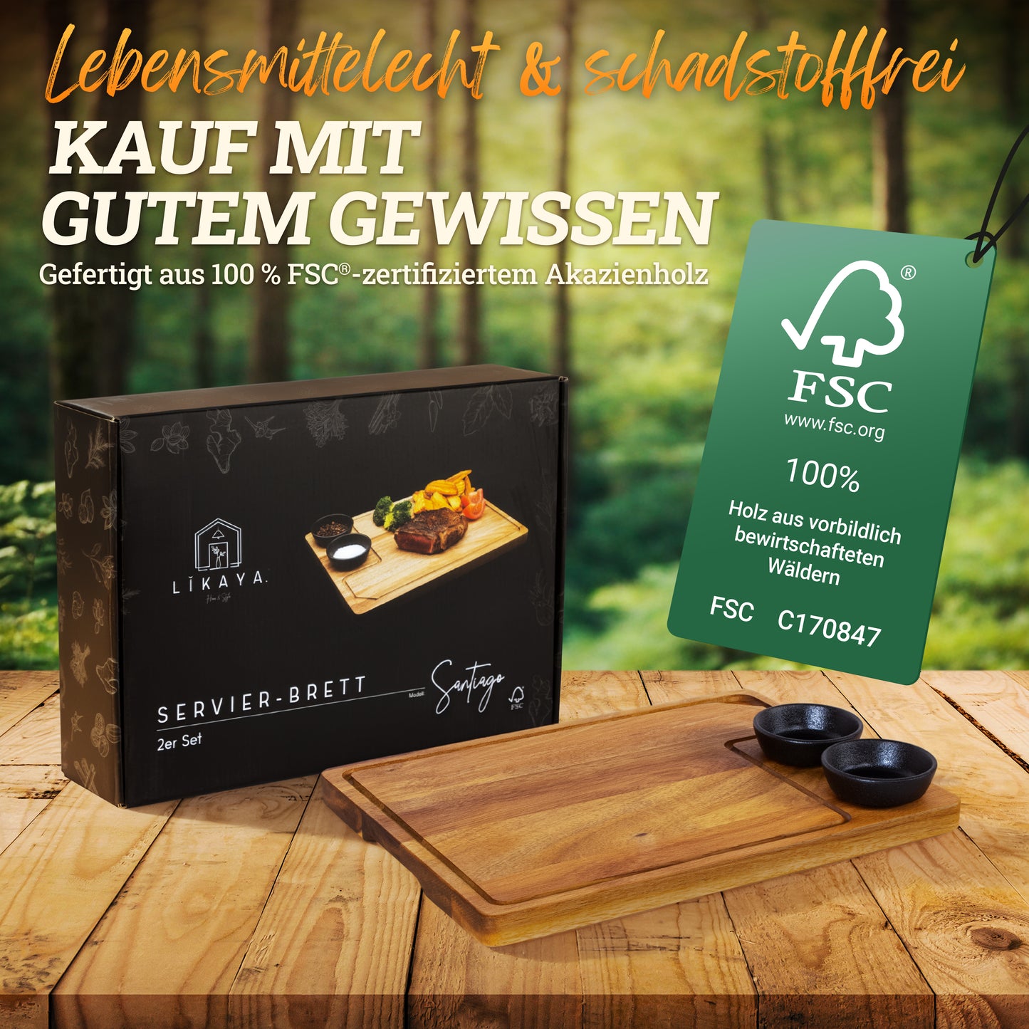 Servierbrett XXL 'Santiago' 2er Set aus FSC® zertifiziertem Akazien-Holz mit Saucen Schüsseln