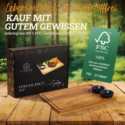 Servierbrett XXL 'Santiago' 2er Set aus FSC® zertifiziertem Akazien-Holz mit Saucen Schüsseln