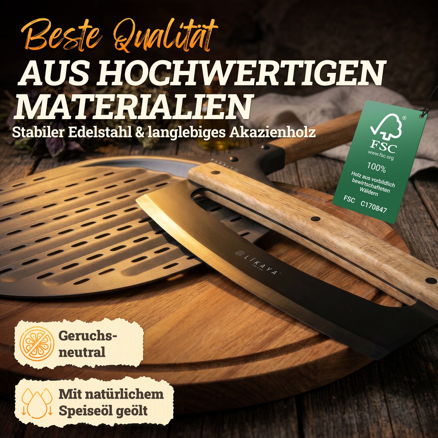 LIKAYA Pizzaiolo Set – Pizzaschaufel, Pizza-Wiegemesser & Pizzabrett aus Akazienholz – Pizza Zubehör Set für Pizzaofen, Grill & Backofen (erhältlich ab Ende Mai)