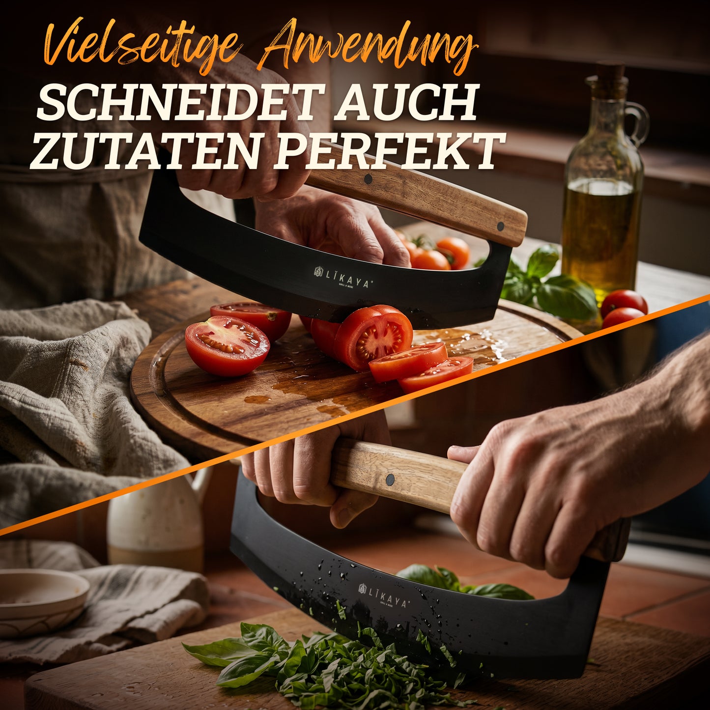 LIKAYA Pizza-Wiegemesser mit Akazienholzgriff & Klingenschutz – Pizzaschneider für perfekte Schnitte – scharfe Edelstahlklinge in Schwarz (erhältlich ab Ende Mai)