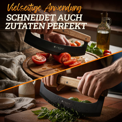LIKAYA Pizza-Wiegemesser mit Akazienholzgriff & Klingenschutz – Pizzaschneider für perfekte Schnitte – scharfe Edelstahlklinge in Schwarz (erhältlich ab Ende Mai)