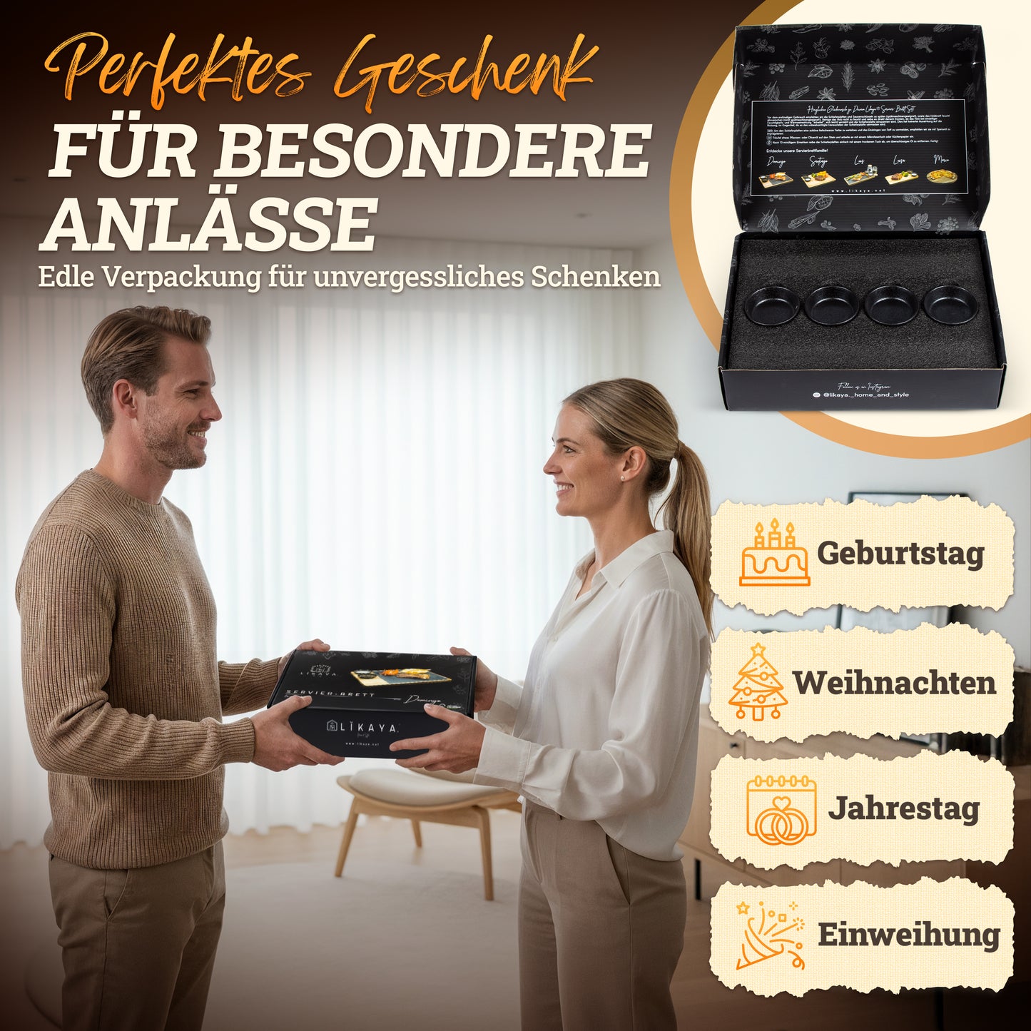 Servierbrett XXL ‘Domingo' 2er Set aus FSC® Akazien-Holz mit Schieferplatte & Saucen Schüsseln