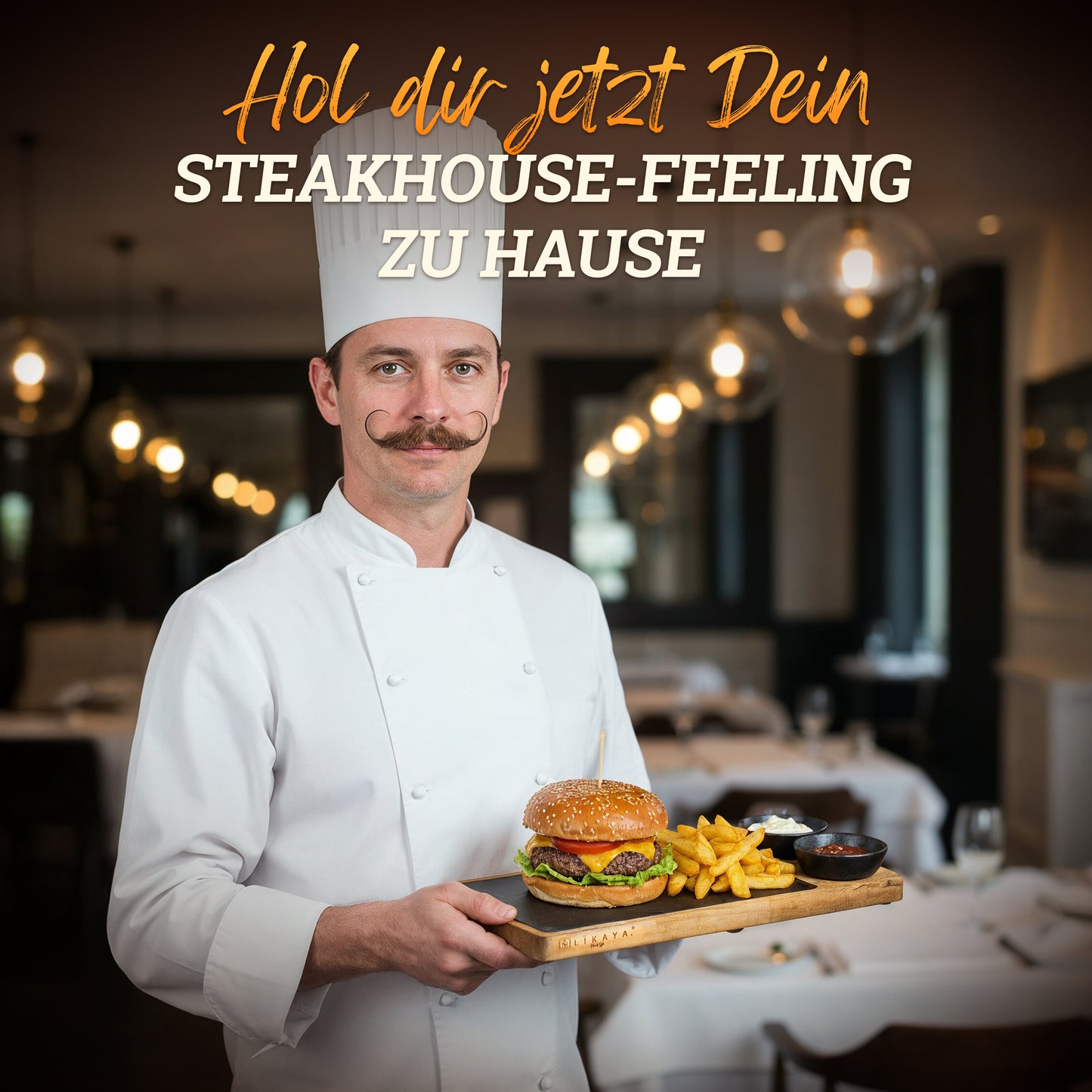 Servierbrett 'LUIS' 2er Set aus FSC® Akazien-Holz mit Schieferplatte & Saucen Schüsseln