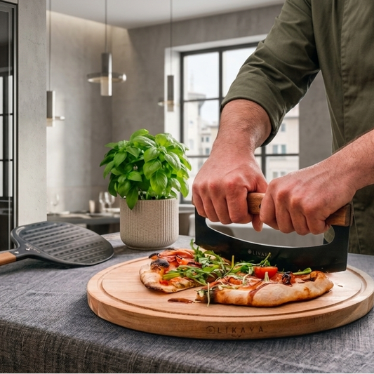LIKAYA Pizzaiolo Set – Pizzaschaufel, Pizza-Wiegemesser & Pizzabrett aus Akazienholz – Pizza Zubehör Set für Pizzaofen, Grill & Backofen (erhältlich ab Ende Mai)