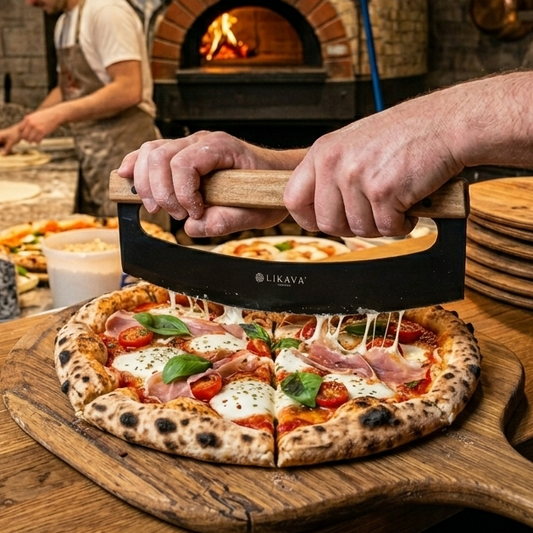 LIKAYA Pizza-Wiegemesser mit Akazienholzgriff & Klingenschutz – Pizzaschneider für perfekte Schnitte – scharfe Edelstahlklinge in Schwarz (erhältlich ab Ende Mai)