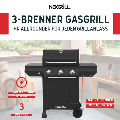 Nexgrill Classic 3-Brenner Gasgrill – Kompakter Outdoor-Gas grill mit porzellanbeschichteten Gusseisenrosten, Even-Heat-System – Garten, Balkon & BBQ-Events