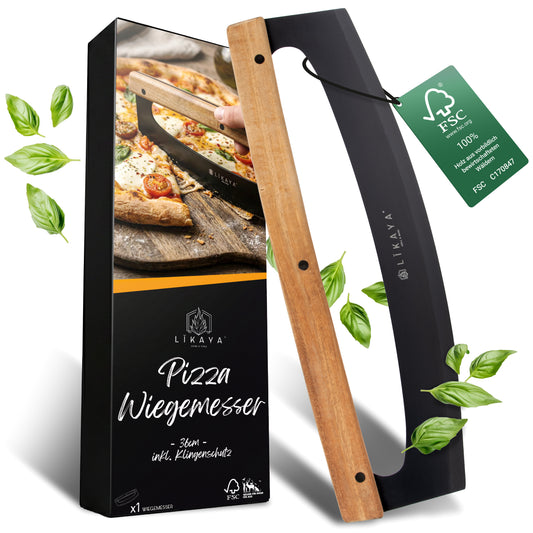 LIKAYA Pizza-Wiegemesser mit Akazienholzgriff & Klingenschutz – Pizzaschneider für perfekte Schnitte – scharfe Edelstahlklinge in Schwarz (erhältlich ab Ende Mai)