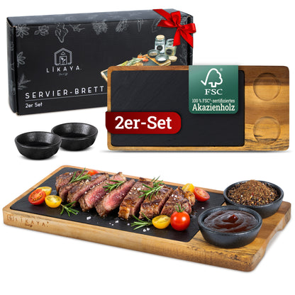 Servierbrett 'LUIS' 2er Set aus FSC® Akazien-Holz mit Schieferplatte & Saucen Schüsseln