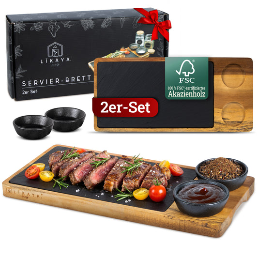 Servierbrett 'LUIS' 2er Set aus FSC® Akazien-Holz mit Schieferplatte & Saucen Schüsseln