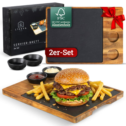 Servierbrett XXL ‘Domingo' 2er Set aus FSC® Akazien-Holz mit Schieferplatte & Saucen Schüsseln