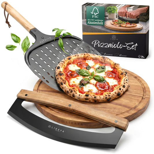 LIKAYA Pizzaiolo Set – Pizzaschaufel, Pizza-Wiegemesser & Pizzabrett aus Akazienholz – Pizza Zubehör Set für Pizzaofen, Grill & Backofen (erhältlich ab Ende Mai)