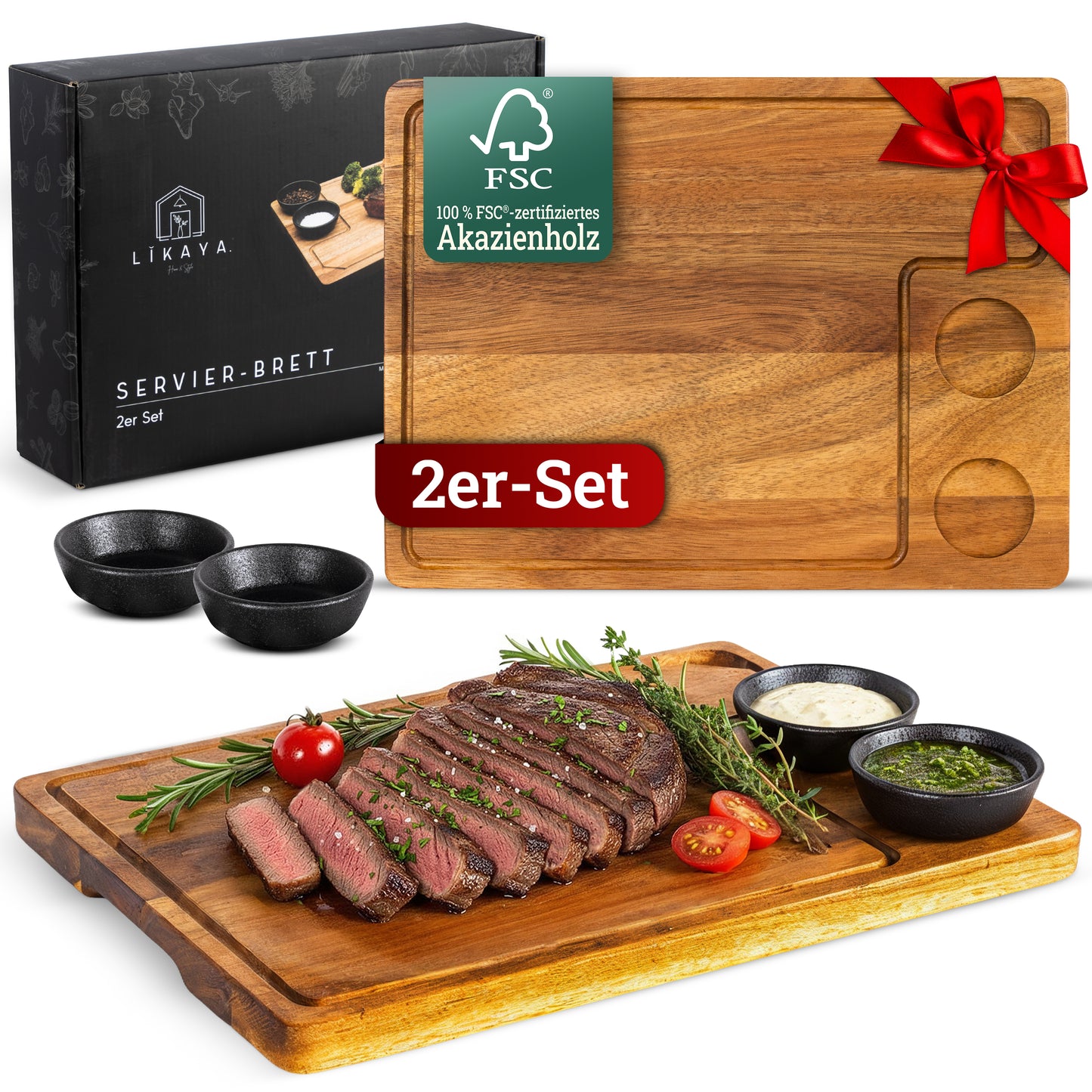 Servierbrett XXL 'Santiago' 2er Set aus FSC® zertifiziertem Akazien-Holz mit Saucen Schüsseln