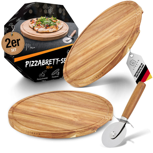 Pizzabrett/Pizzateller 'MARIO' 2er Set rund mit Pizzaschneider [⌀35cm groß] aus FSC®-zertifiziertem Akazien-Holz